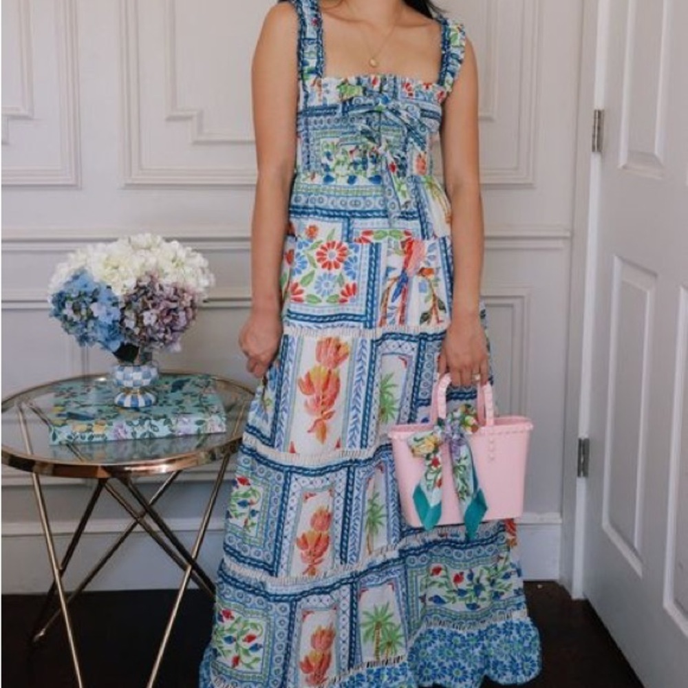 Farm Rio Tropical Tiles Cotton Square Neck Smocked Tiered A Line Maxi Dress - Picture 3 of 12